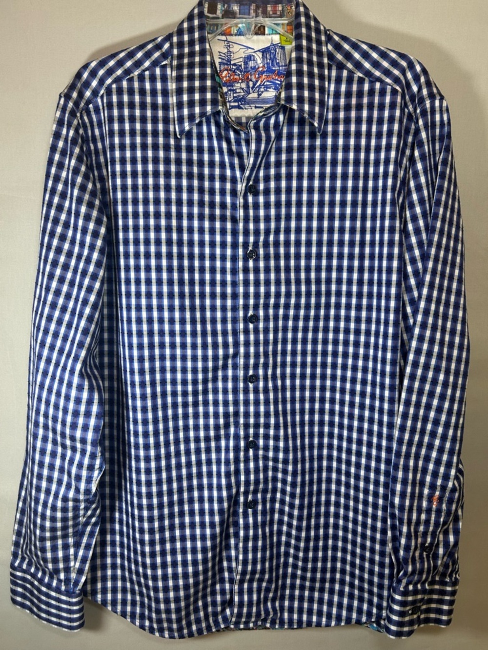 Robert Graham Shirt Long Sleeve Button Up Mens Large Blue Black Plaid Flip Cuff